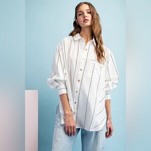 Free People We The Free Happy Hour Poplin Shirt Top Women Oversized Striped Med